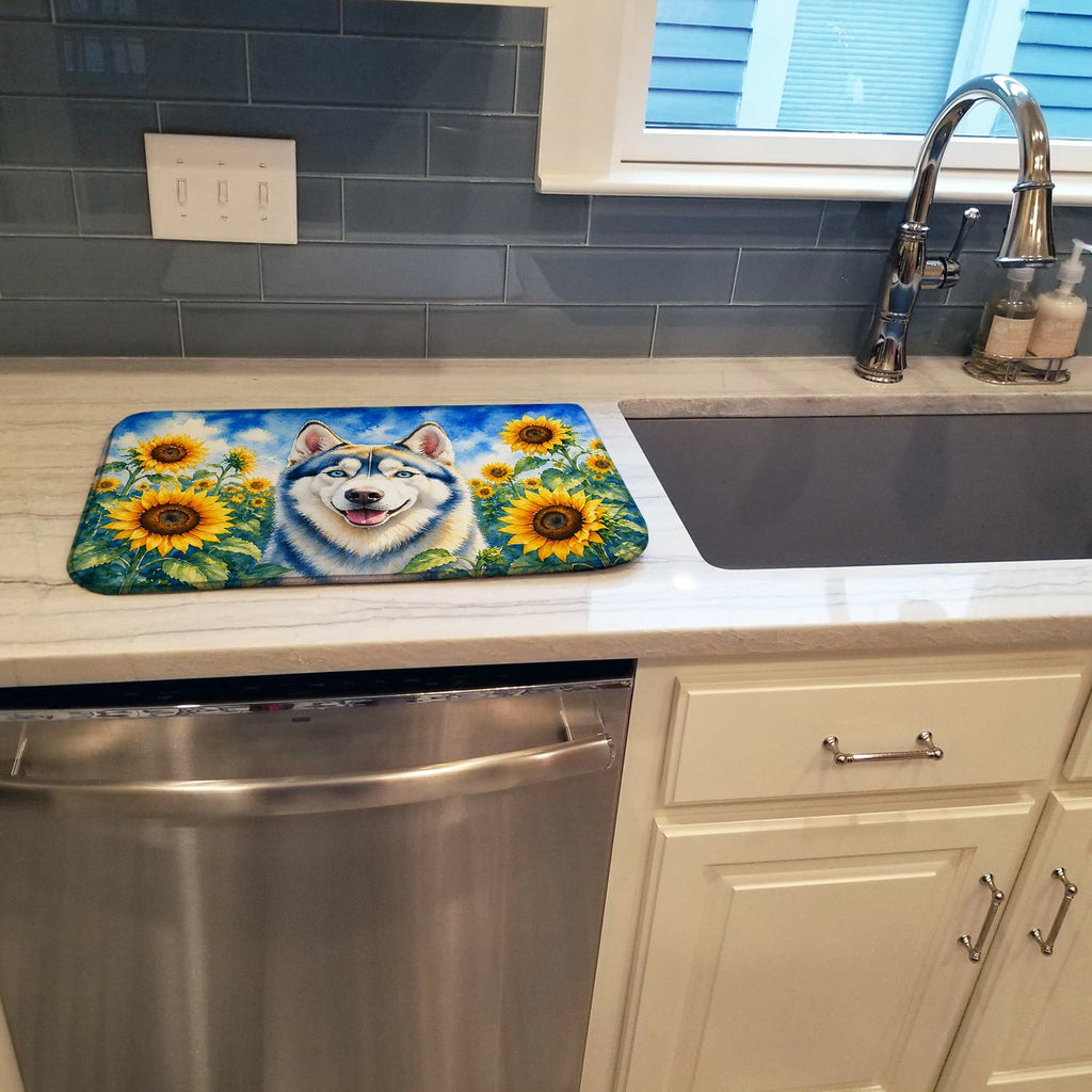 Siberian Husky in Sunflowers Dish Drying Mat Absorbent Dish Drying Mat Pad for Kitchen Counter Dish Drainer Mat for Countertop, 14 x 21", Multicolor