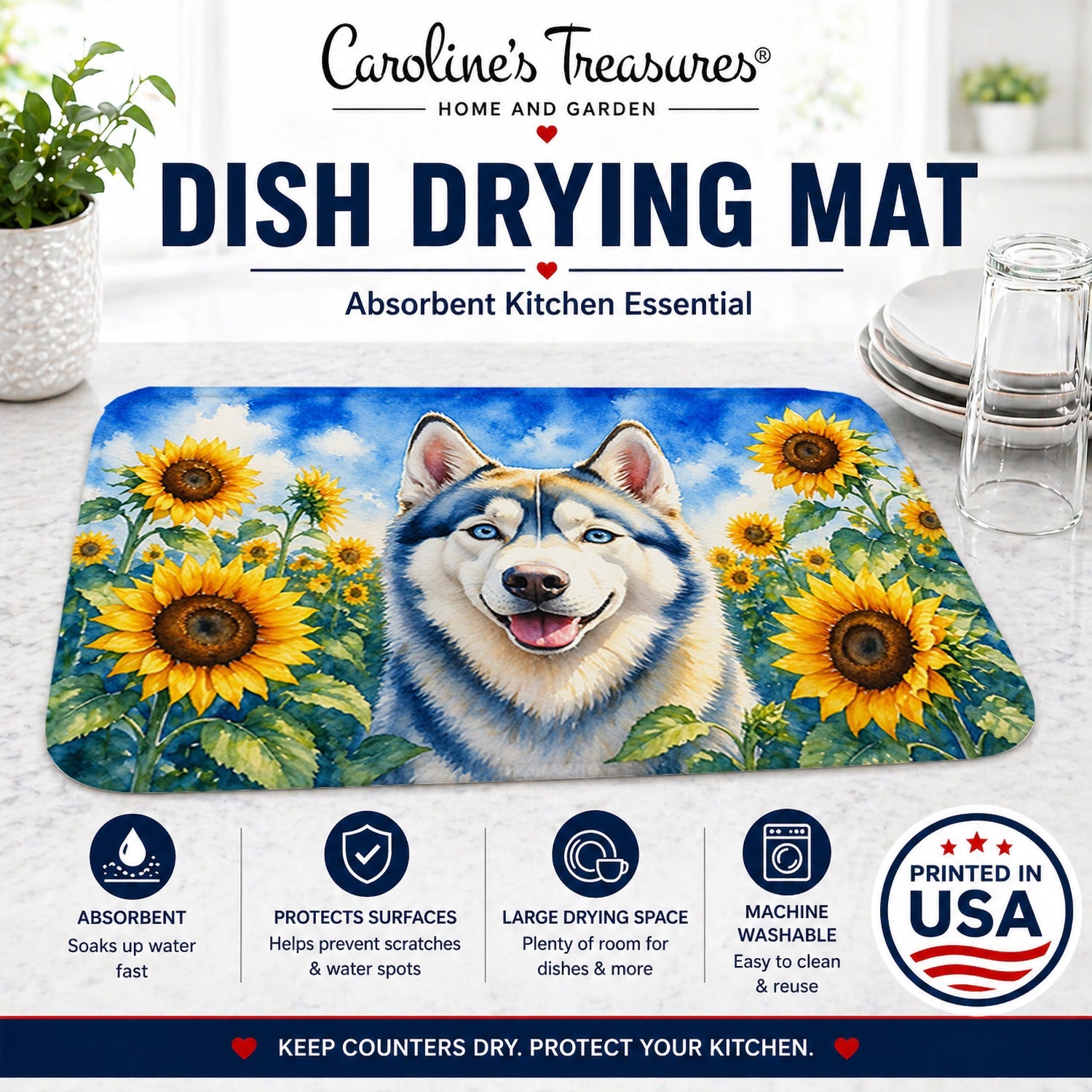 Siberian Husky in Sunflowers Dish Drying Mat Absorbent Dish Drying Mat Pad for Kitchen Counter Dish Drainer Mat for Countertop, 14 x 21", Multicolor