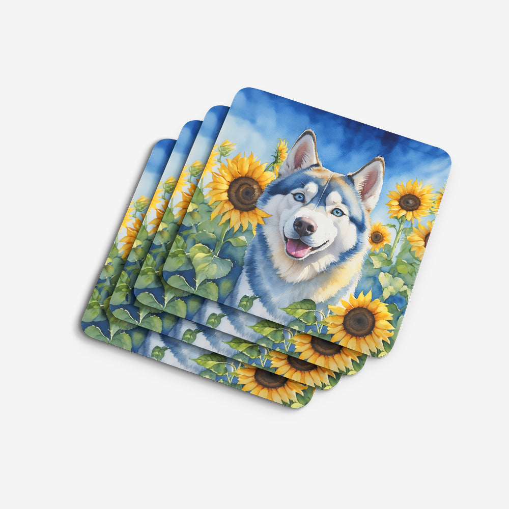 Siberian Husky in Sunflowers Foam Coasters Set of 4 Cup Coasters for Indoor Outdoor, Tabletop Protection, Anti Slip, Mouse pad Material