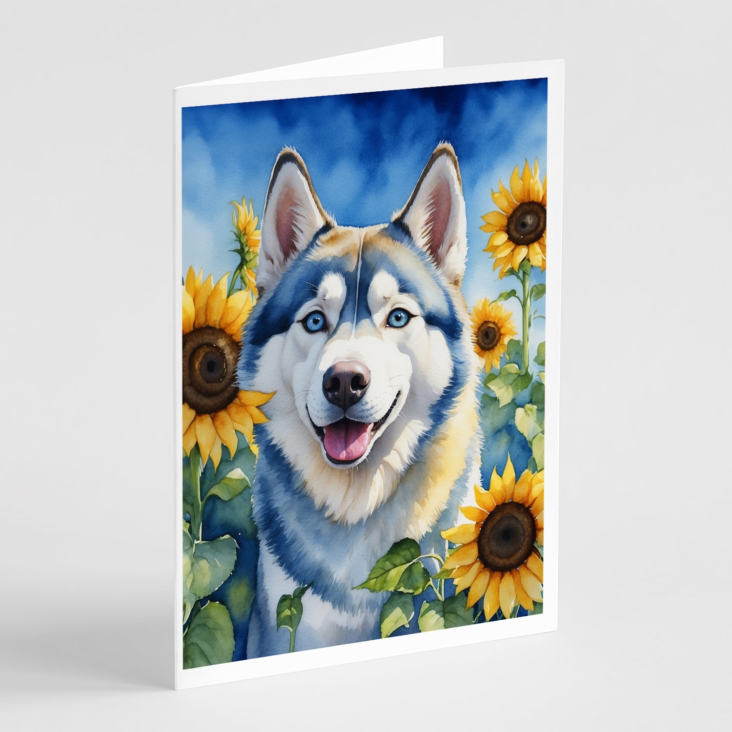 Siberian Husky in Sunflowers Greeting Cards Pack of 8 Blank Cards with Envelopes Whimsical A7 Size 5x7
