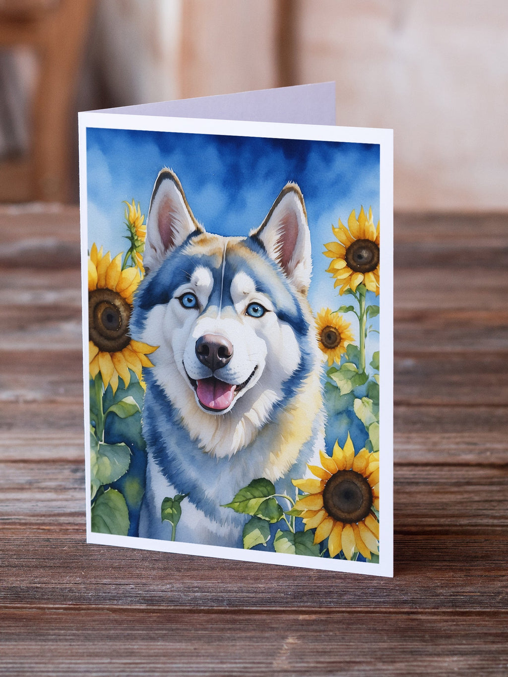 Siberian Husky in Sunflowers Greeting Cards Pack of 8 Blank Cards with Envelopes Whimsical A7 Size 5x7