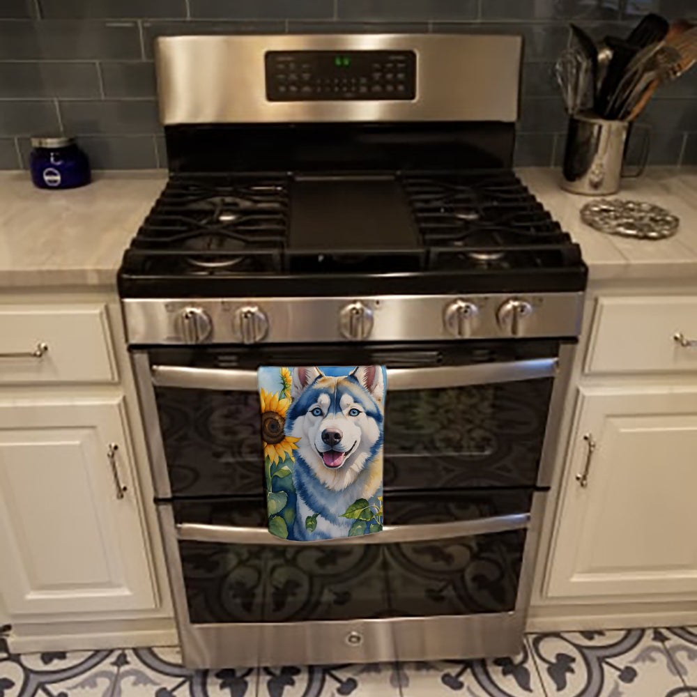 Siberian Husky in Sunflowers Kitchen Towel Velour Plush Front and Cotton Loop Back Machine Washable