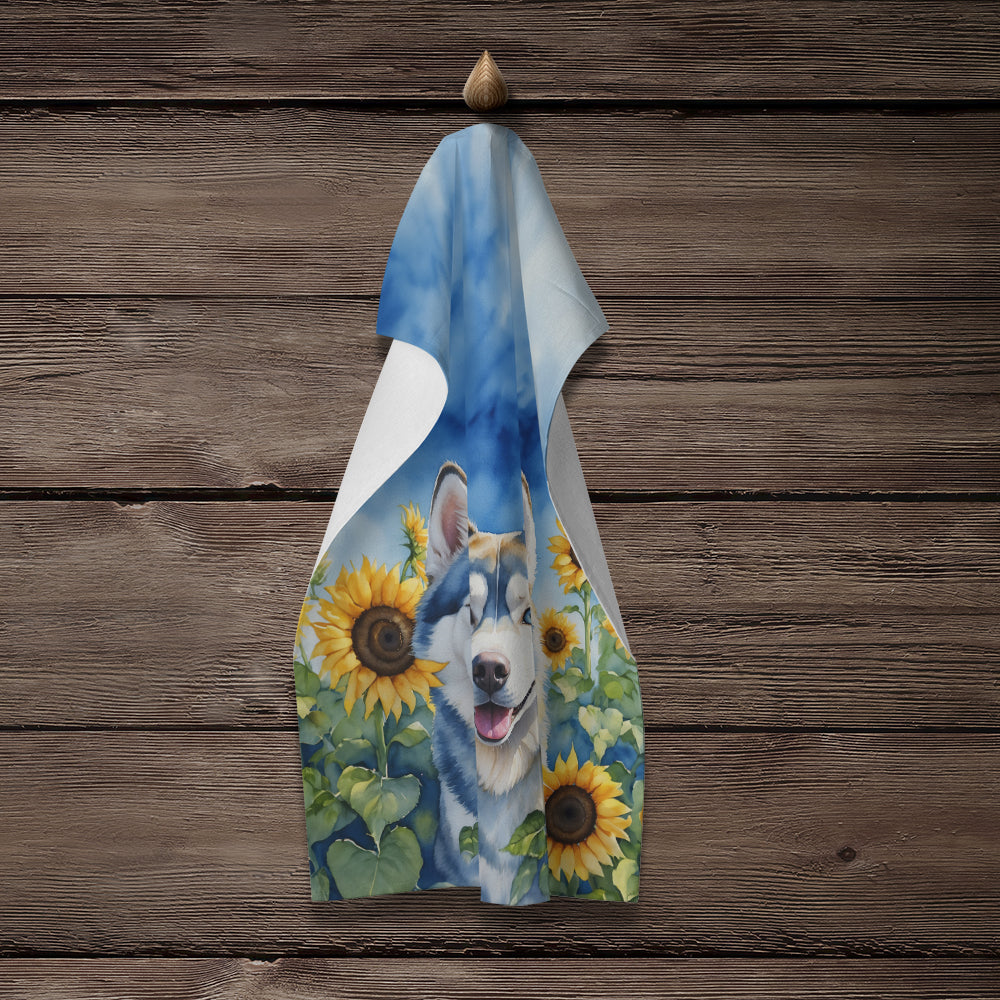 Siberian Husky in Sunflowers Kitchen Towel Velour Plush Front and Cotton Loop Back Machine Washable