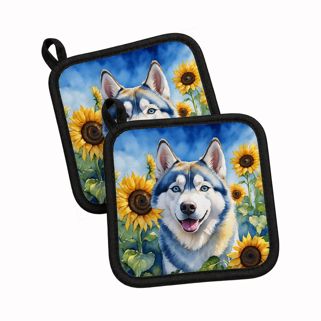 Siberian Husky in Sunflowers Pot Holder Set of 2 Heat Resistant Quilted Hot Pads 7.5 x 7.5 Inch, Insulated Kitchen Trivets for Cooking & Baking