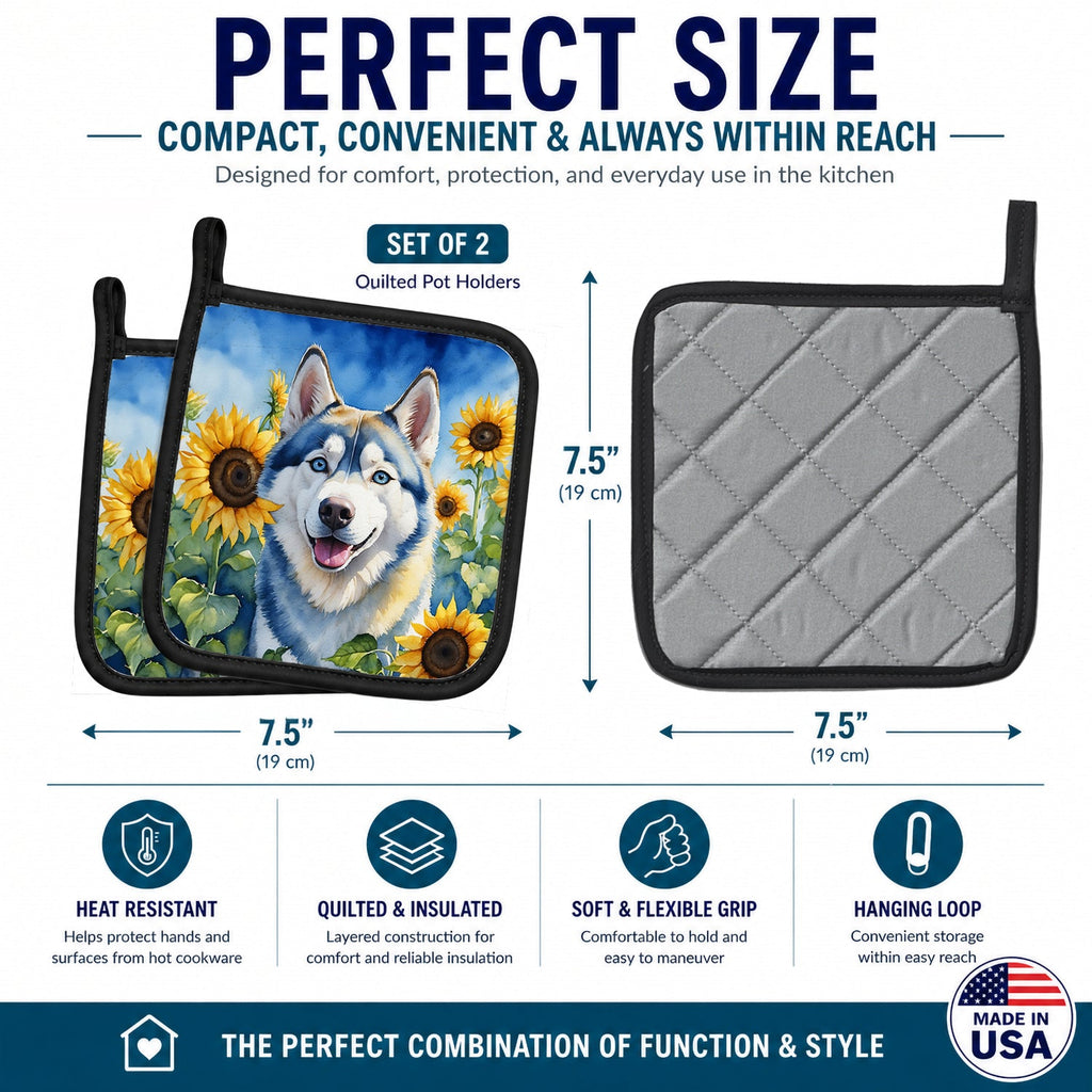 Siberian Husky in Sunflowers Pot Holder Set of 2 Heat Resistant Quilted Hot Pads 7.5 x 7.5 Inch, Insulated Kitchen Trivets for Cooking & Baking