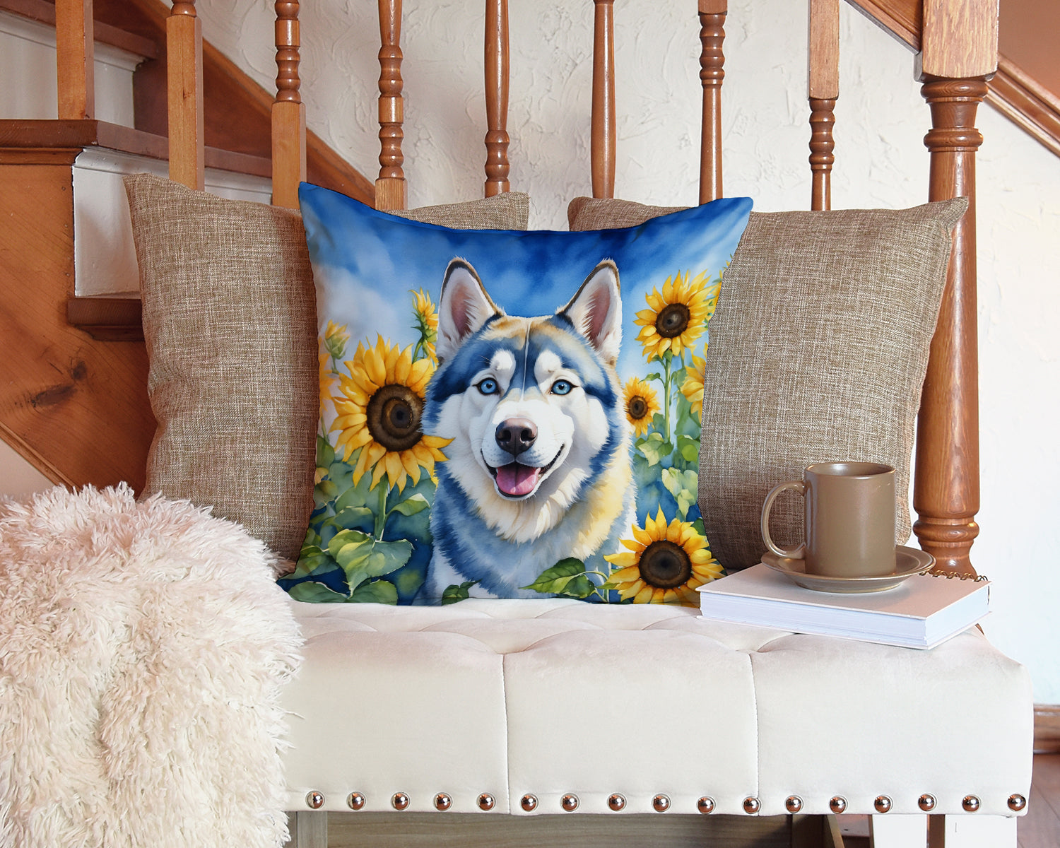 Siberian Husky in Sunflowers Decorative Throw Pillow 14x14 Indoor Outdoor Accent Cushion, Fabric Cover with Insert for Sofa, Bed, Porch & Living Room
