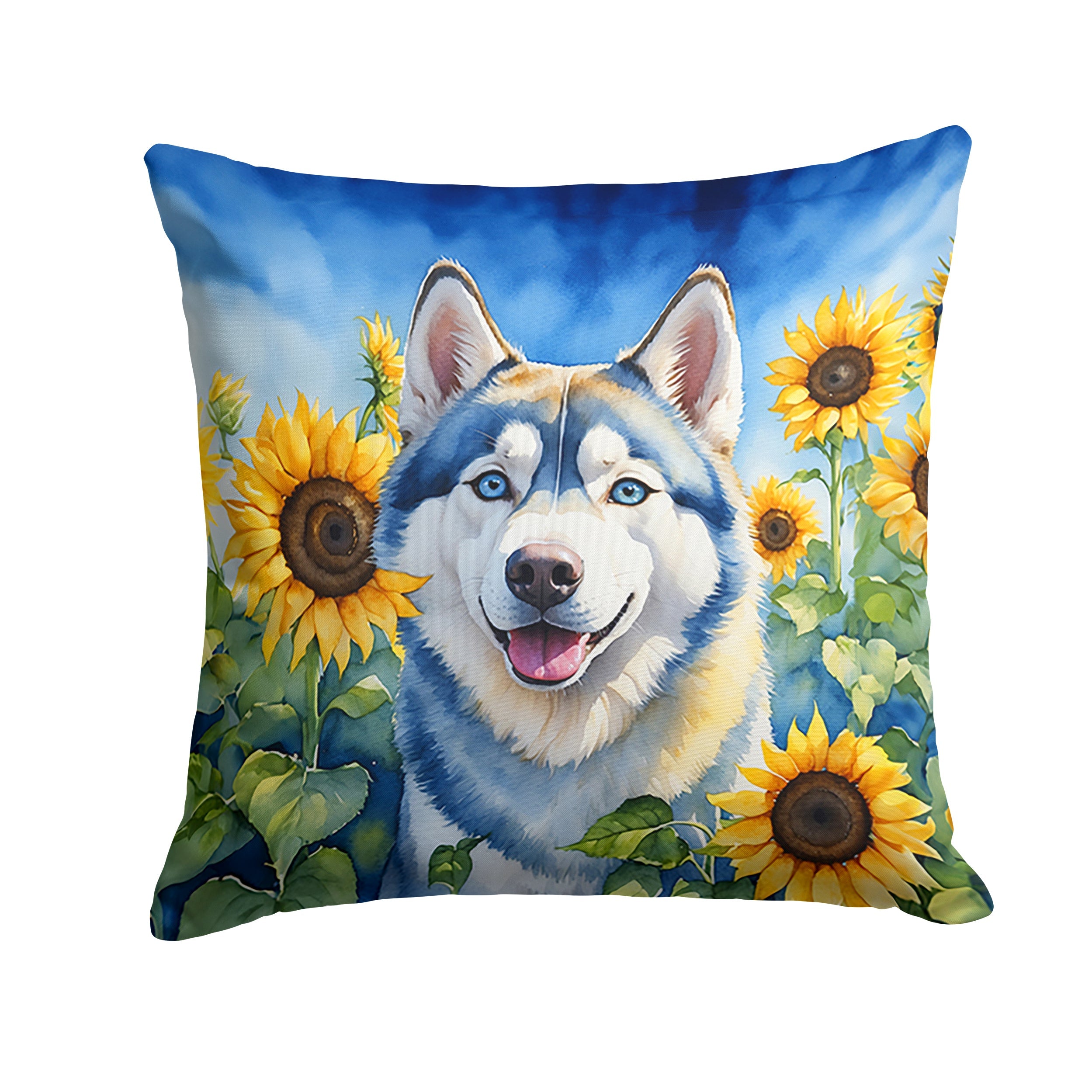 Siberian Husky in Sunflowers Decorative Throw Pillow 18x18 Indoor Outdoor Accent Cushion, Fabric Cover with Insert for Sofa, Bed, Porch & Living Room