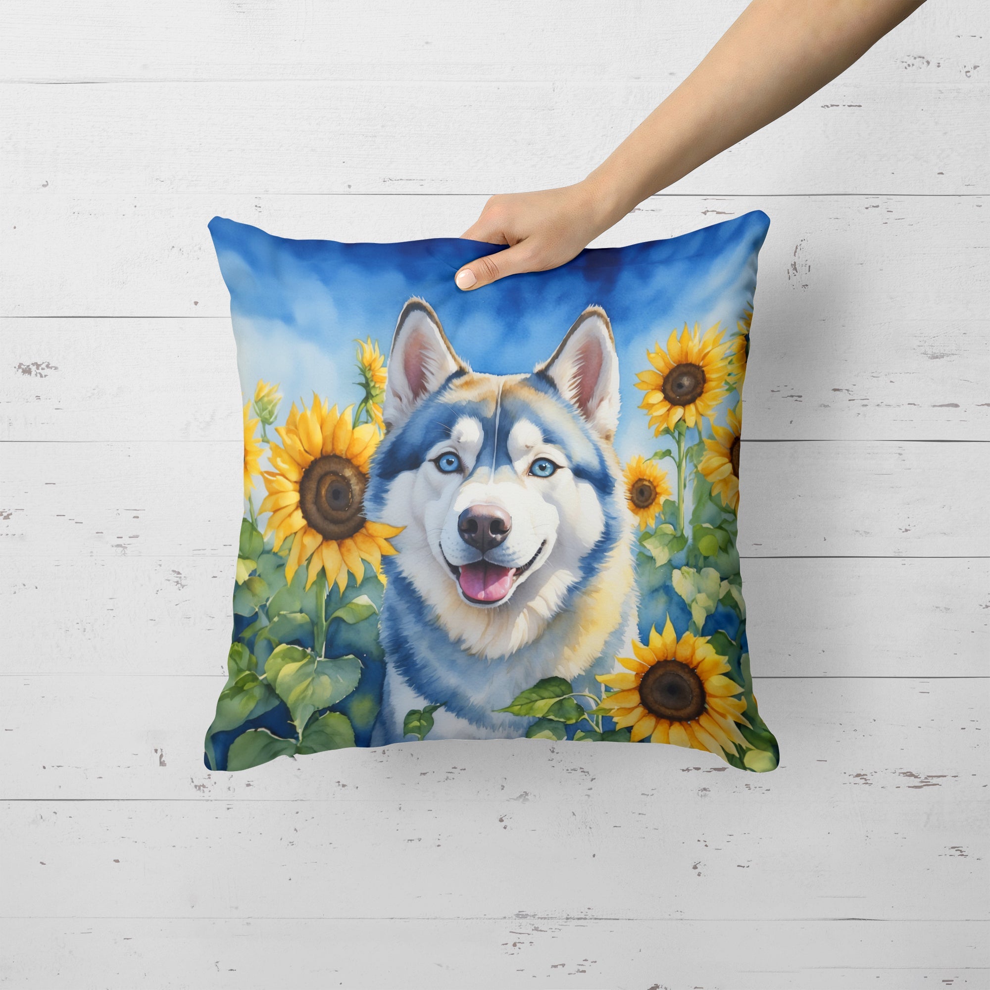 Siberian Husky in Sunflowers Decorative Throw Pillow 18x18 Indoor Outdoor Accent Cushion, Fabric Cover with Insert for Sofa, Bed, Porch & Living Room