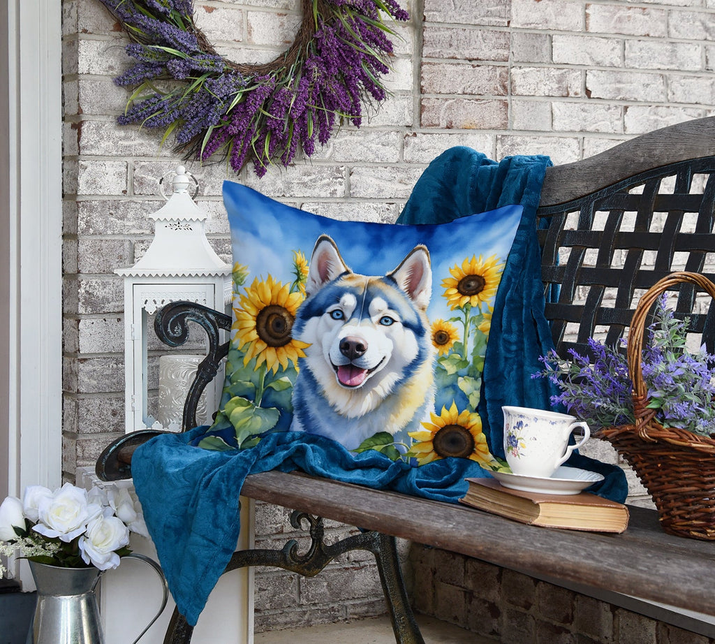 Siberian Husky in Sunflowers Decorative Throw Pillow 18x18 Indoor Outdoor Accent Cushion, Fabric Cover with Insert for Sofa, Bed, Porch & Living Room
