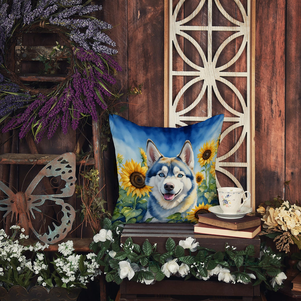 Siberian Husky in Sunflowers Decorative Throw Pillow 18x18 Indoor Outdoor Accent Cushion, Fabric Cover with Insert for Sofa, Bed, Porch & Living Room