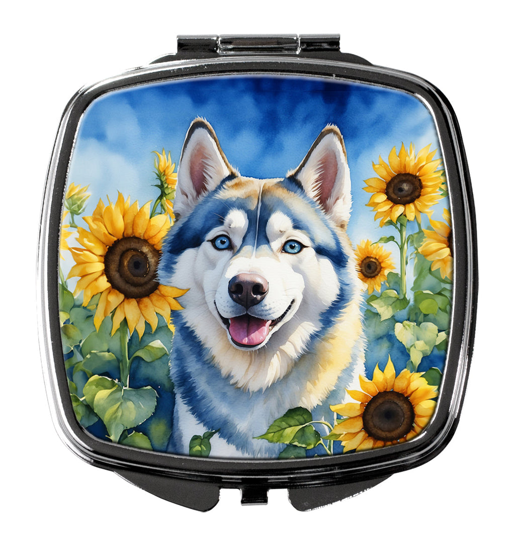 Siberian Husky in Sunflowers Compact Mirror Decorative Travel Makeup Mirror for Women Girls Gifts Pocket Makeup Mirror Folding Handheld