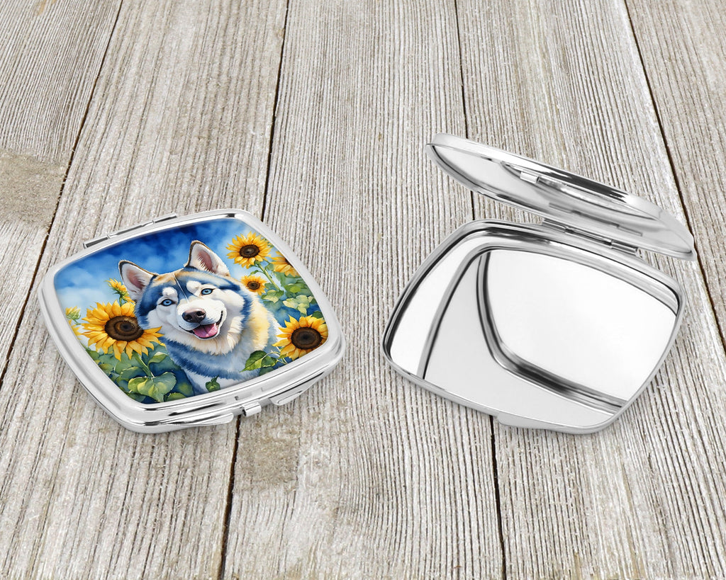 Siberian Husky in Sunflowers Compact Mirror Decorative Travel Makeup Mirror for Women Girls Gifts Pocket Makeup Mirror Folding Handheld