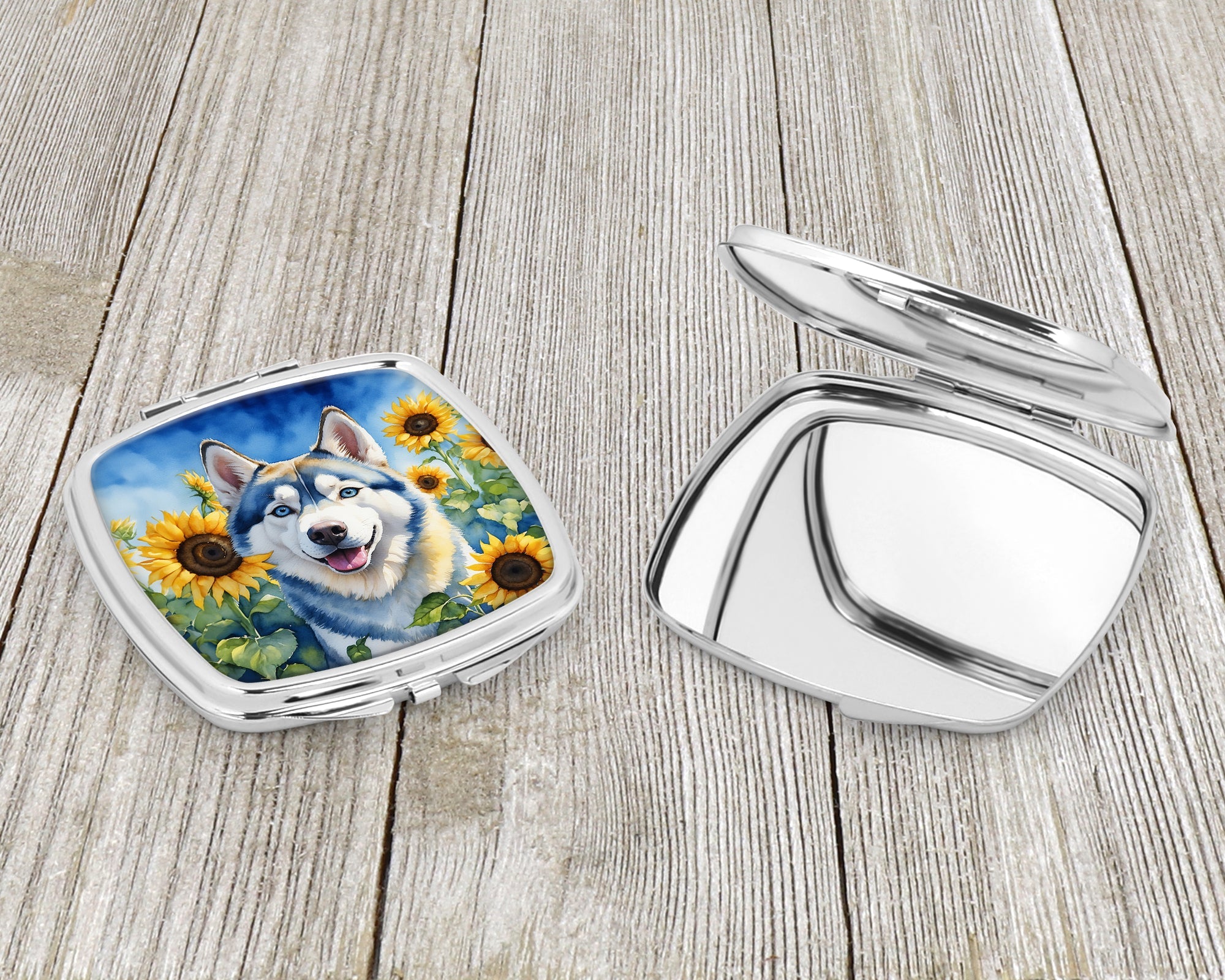Siberian Husky in Sunflowers Compact Mirror Decorative Travel Makeup Mirror for Women Girls Gifts Pocket Makeup Mirror Folding Handheld