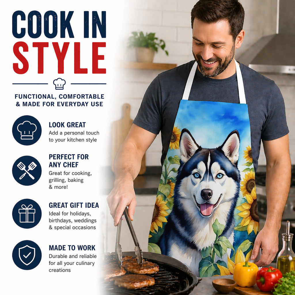 Siberian Husky in Sunflowers Apron Cooking Kitchen Server Baking Crafts Gardening for Adult Women Men, Unisex, Large, Multicolor