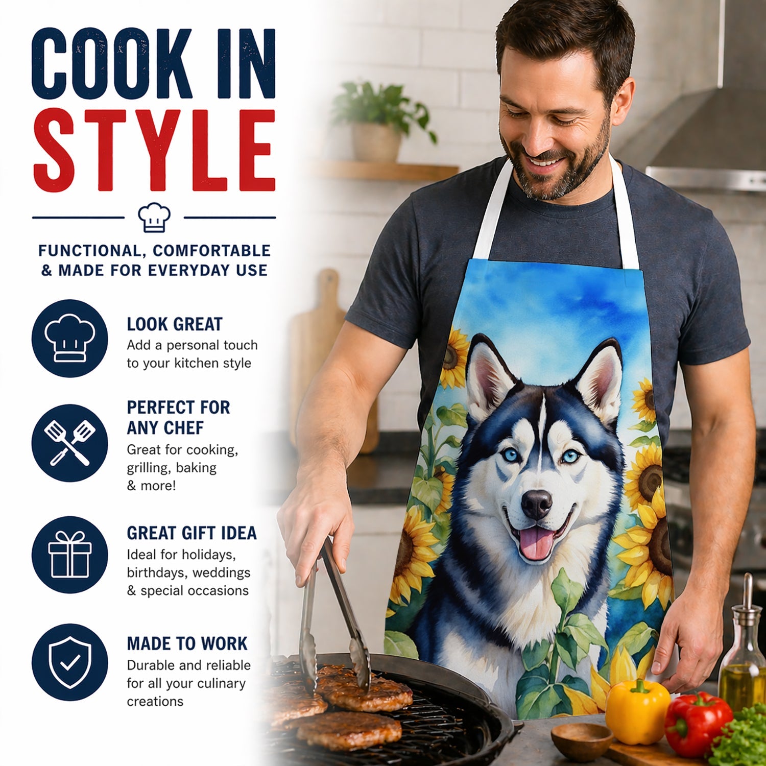 Siberian Husky in Sunflowers Apron Cooking Kitchen Server Baking Crafts Gardening for Adult Women Men, Unisex, Large, Multicolor