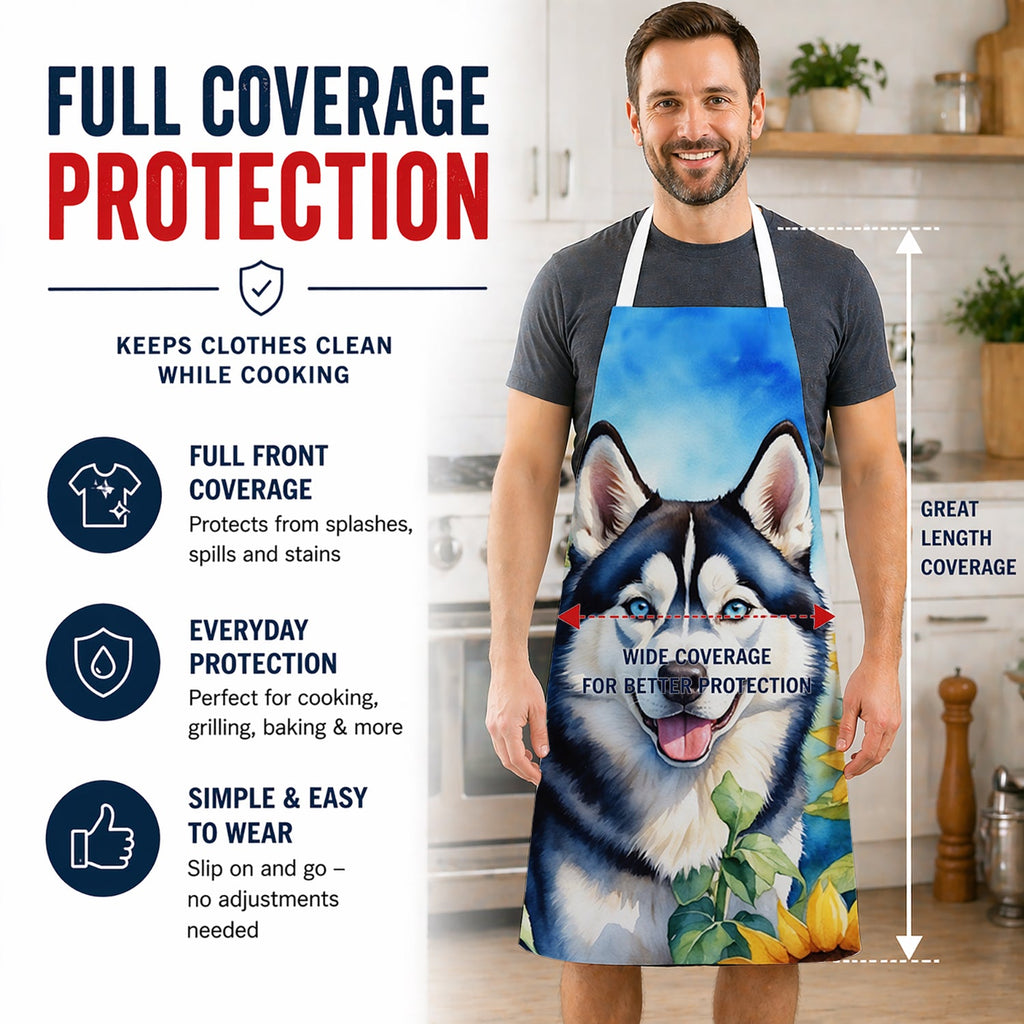 Siberian Husky in Sunflowers Apron Cooking Kitchen Server Baking Crafts Gardening for Adult Women Men, Unisex, Large, Multicolor