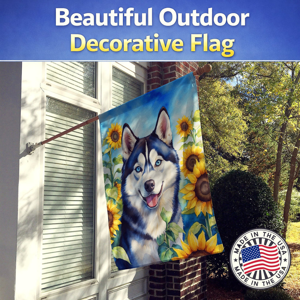 Siberian Husky in Sunflowers House Flag 28x40 Porch Sleeve Pole Decorative Outside Yard Banner Artwork Wall Hanging, Polyester