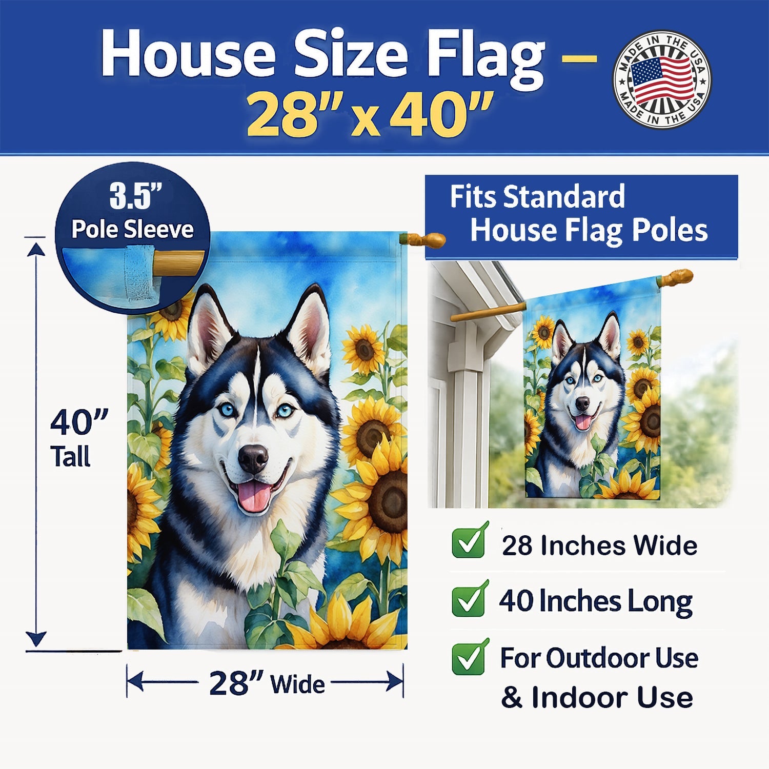 Siberian Husky in Sunflowers House Flag 28x40 Porch Sleeve Pole Decorative Outside Yard Banner Artwork Wall Hanging, Polyester
