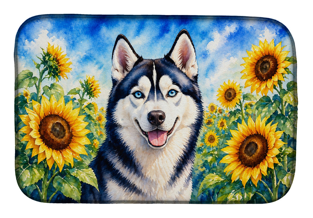 Siberian Husky in Sunflowers Dish Drying Mat Absorbent Dish Drying Mat Pad for Kitchen Counter Dish Drainer Mat for Countertop, 14 x 21", Multicolor