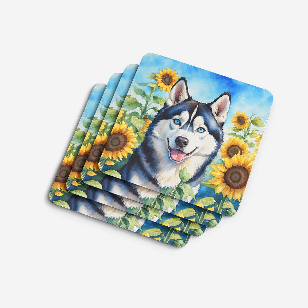 Siberian Husky in Sunflowers Foam Coasters Set of 4 Cup Coasters for Indoor Outdoor, Tabletop Protection, Anti Slip, Mouse pad Material