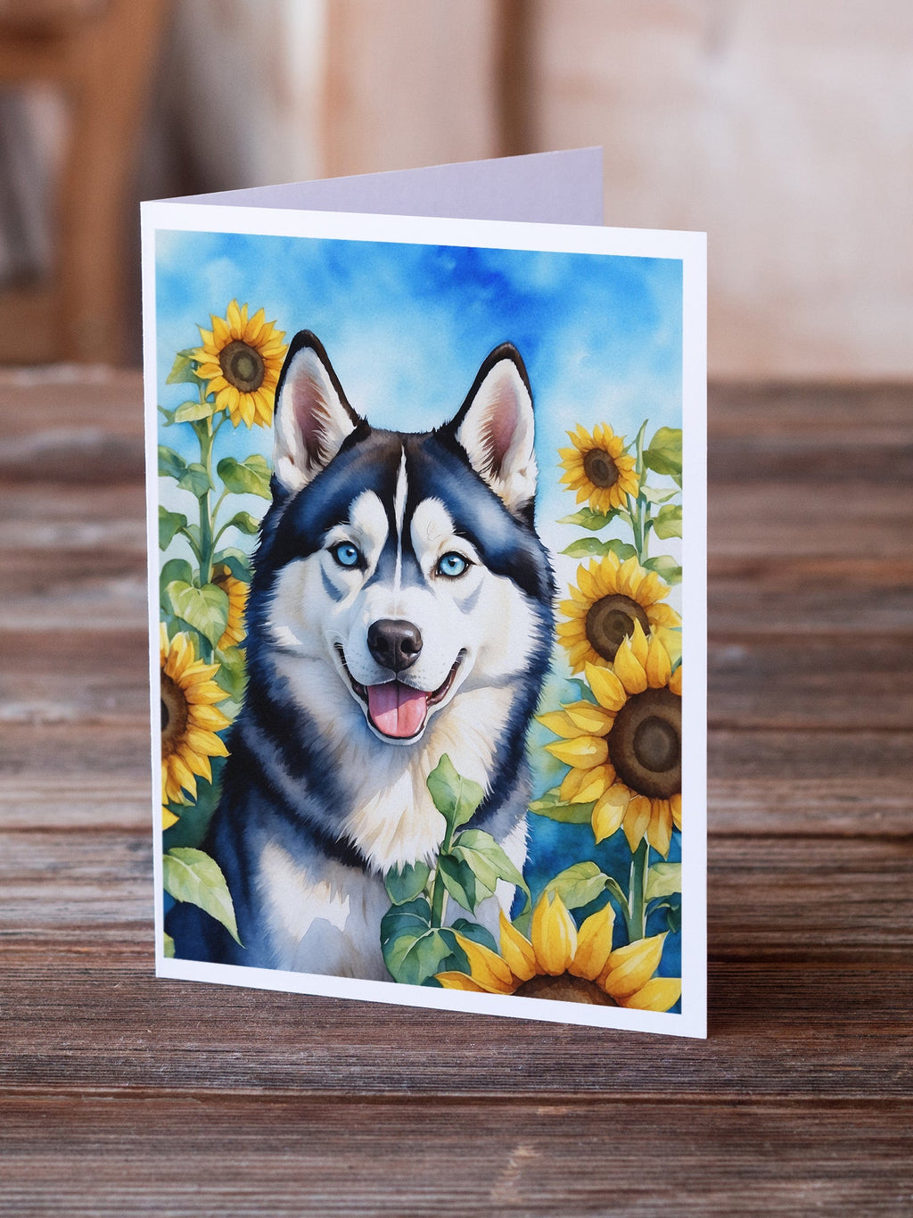 Siberian Husky in Sunflowers Greeting Cards Pack of 8 Blank Cards with Envelopes Whimsical A7 Size 5x7