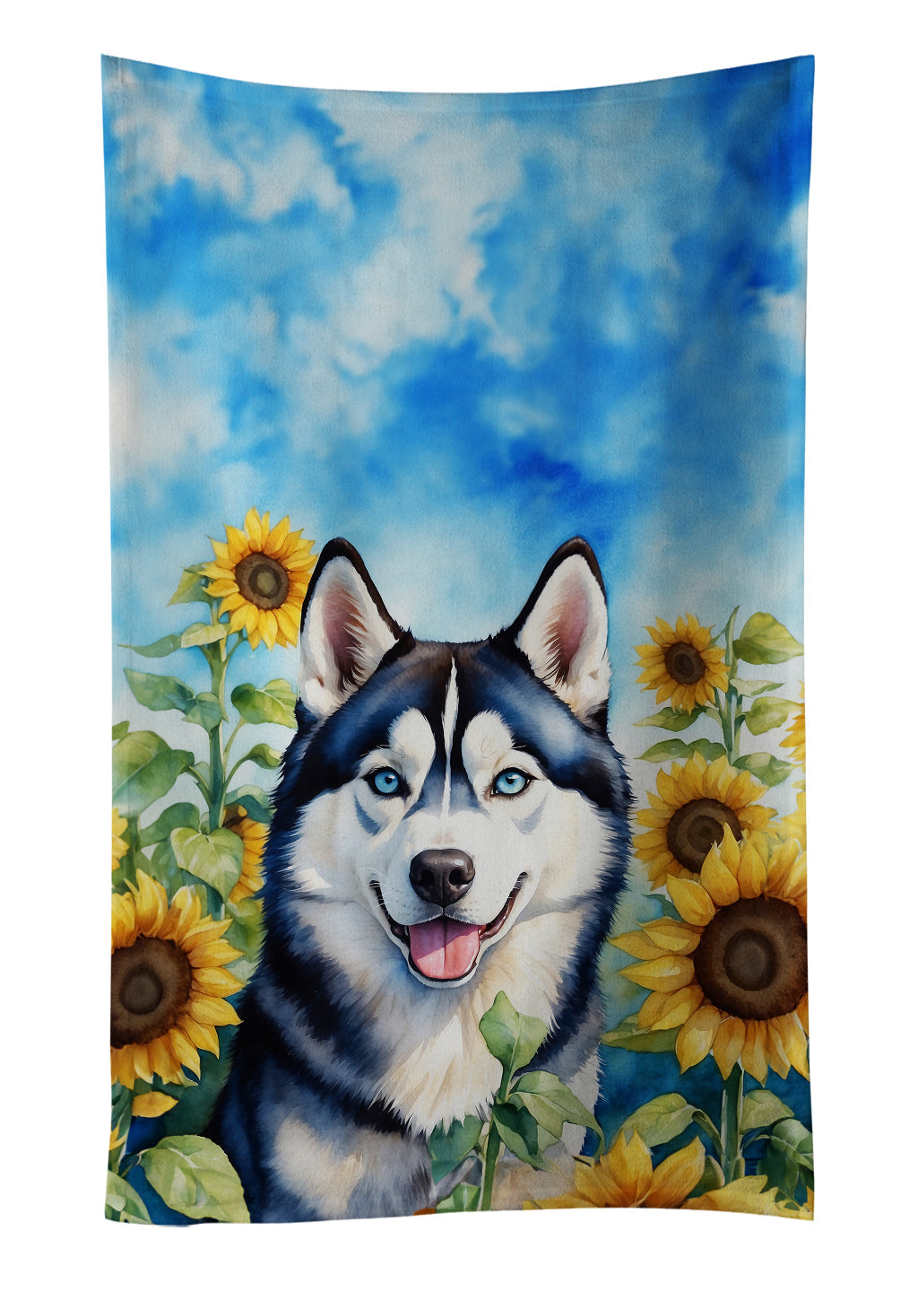 Siberian Husky in Sunflowers Kitchen Towel Velour Plush Front and Cotton Loop Back Machine Washable