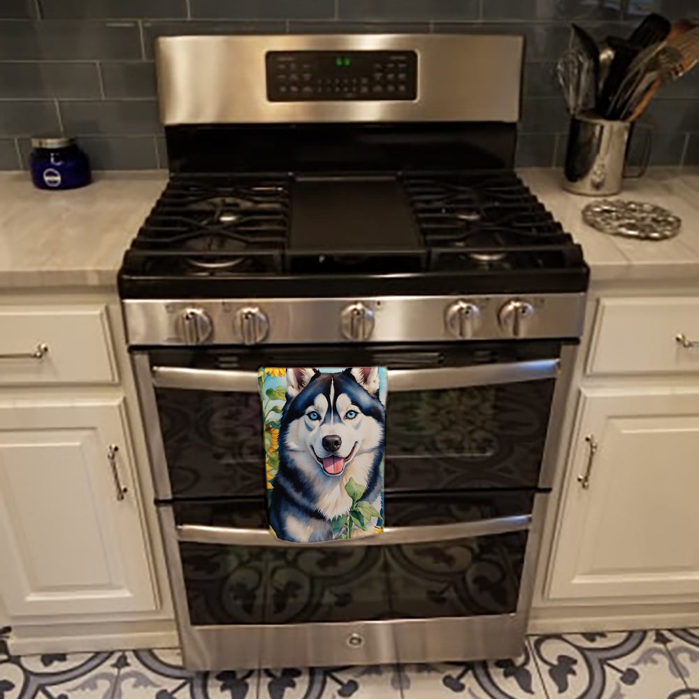 Siberian Husky in Sunflowers Kitchen Towel Velour Plush Front and Cotton Loop Back Machine Washable