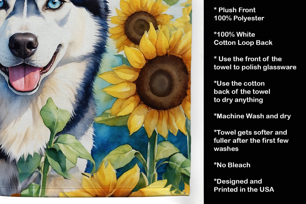Siberian Husky in Sunflowers Kitchen Towel Velour Plush Front and Cotton Loop Back Machine Washable