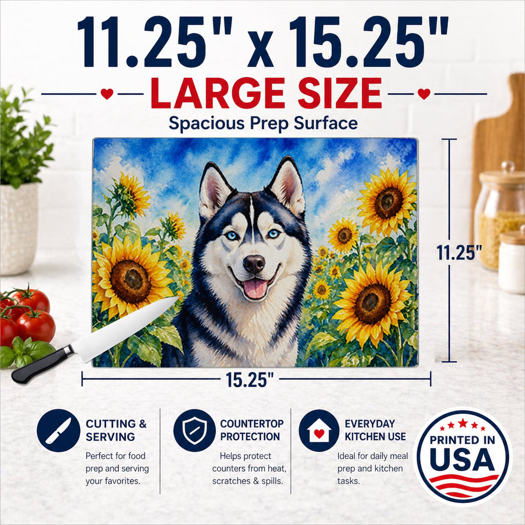 Siberian Husky in Sunflowers Cutting Board Tempered Glass Kitchen Cutting Surface, Heat Resistant Chopping Board with Non-Slip Feet, Decorative Food Prep & Serving