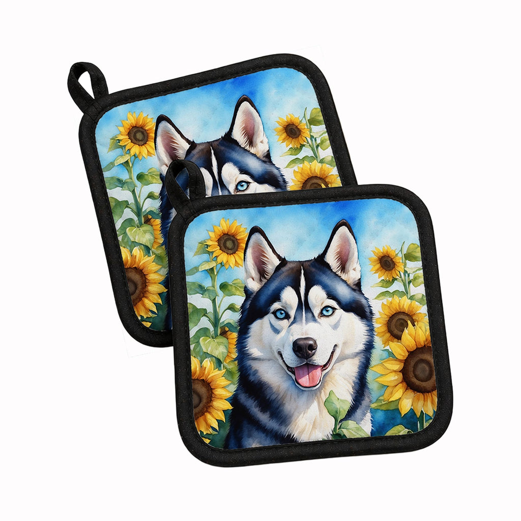 Siberian Husky in Sunflowers Pot Holder Set of 2 Heat Resistant Quilted Hot Pads 7.5 x 7.5 Inch, Insulated Kitchen Trivets for Cooking & Baking