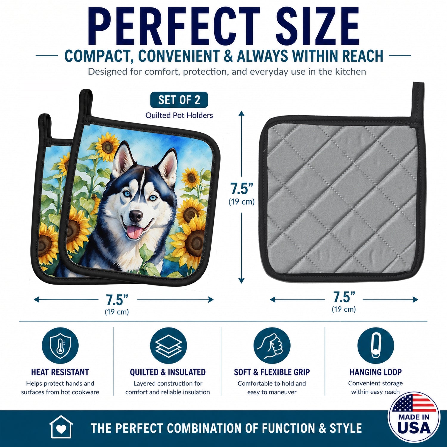 Siberian Husky in Sunflowers Pot Holder Set of 2 Heat Resistant Quilted Hot Pads 7.5 x 7.5 Inch, Insulated Kitchen Trivets for Cooking & Baking