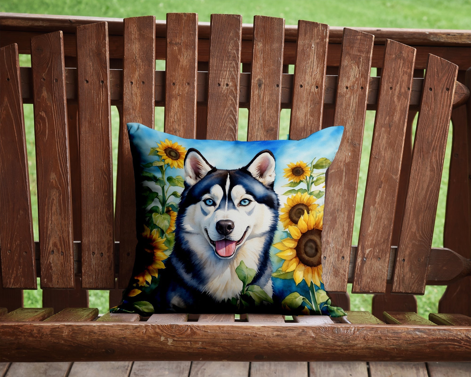 Siberian Husky in Sunflowers Decorative Throw Pillow 14x14 Indoor Outdoor Accent Cushion, Fabric Cover with Insert for Sofa, Bed, Porch & Living Room