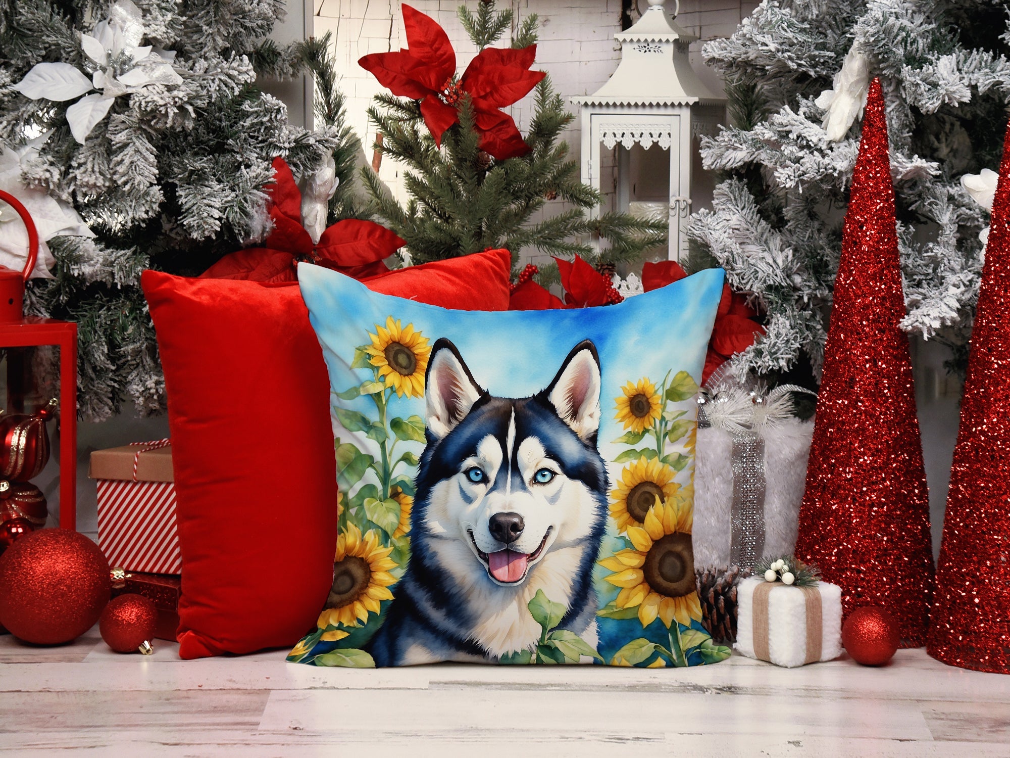 Siberian Husky in Sunflowers Decorative Throw Pillow 14x14 Indoor Outdoor Accent Cushion, Fabric Cover with Insert for Sofa, Bed, Porch & Living Room