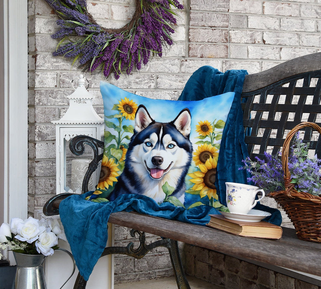 Siberian Husky in Sunflowers Decorative Throw Pillow 18x18 Indoor Outdoor Accent Cushion, Fabric Cover with Insert for Sofa, Bed, Porch & Living Room