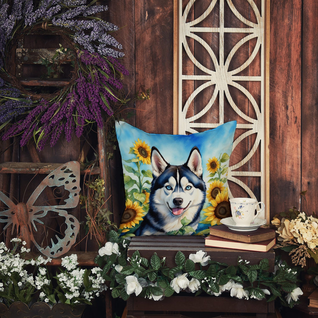 Siberian Husky in Sunflowers Decorative Throw Pillow 18x18 Indoor Outdoor Accent Cushion, Fabric Cover with Insert for Sofa, Bed, Porch & Living Room