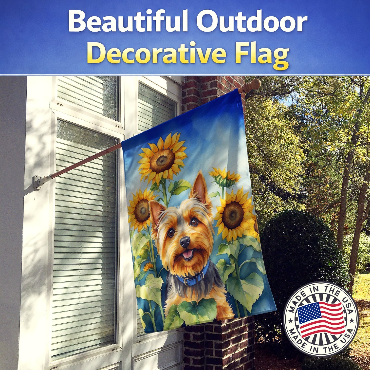 Silky Terrier in Sunflowers House Flag 28x40 Porch Sleeve Pole Decorative Outside Yard Banner Artwork Wall Hanging, Polyester