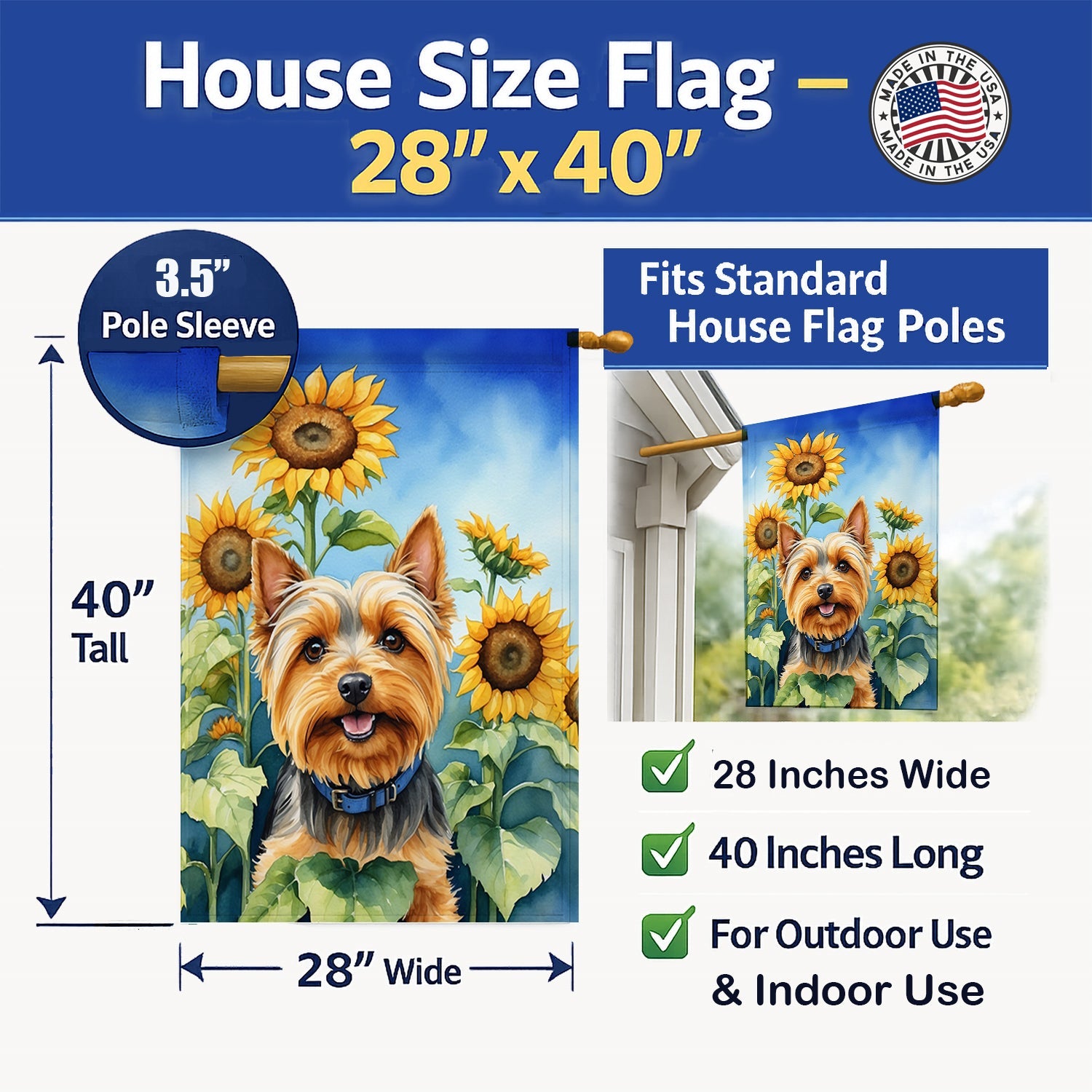Silky Terrier in Sunflowers House Flag 28x40 Porch Sleeve Pole Decorative Outside Yard Banner Artwork Wall Hanging, Polyester