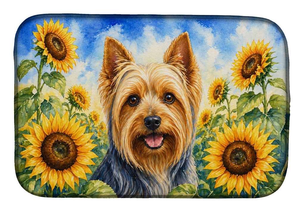 Silky Terrier in Sunflowers Dish Drying Mat Absorbent Dish Drying Mat Pad for Kitchen Counter Dish Drainer Mat for Countertop, 14 x 21", Multicolor