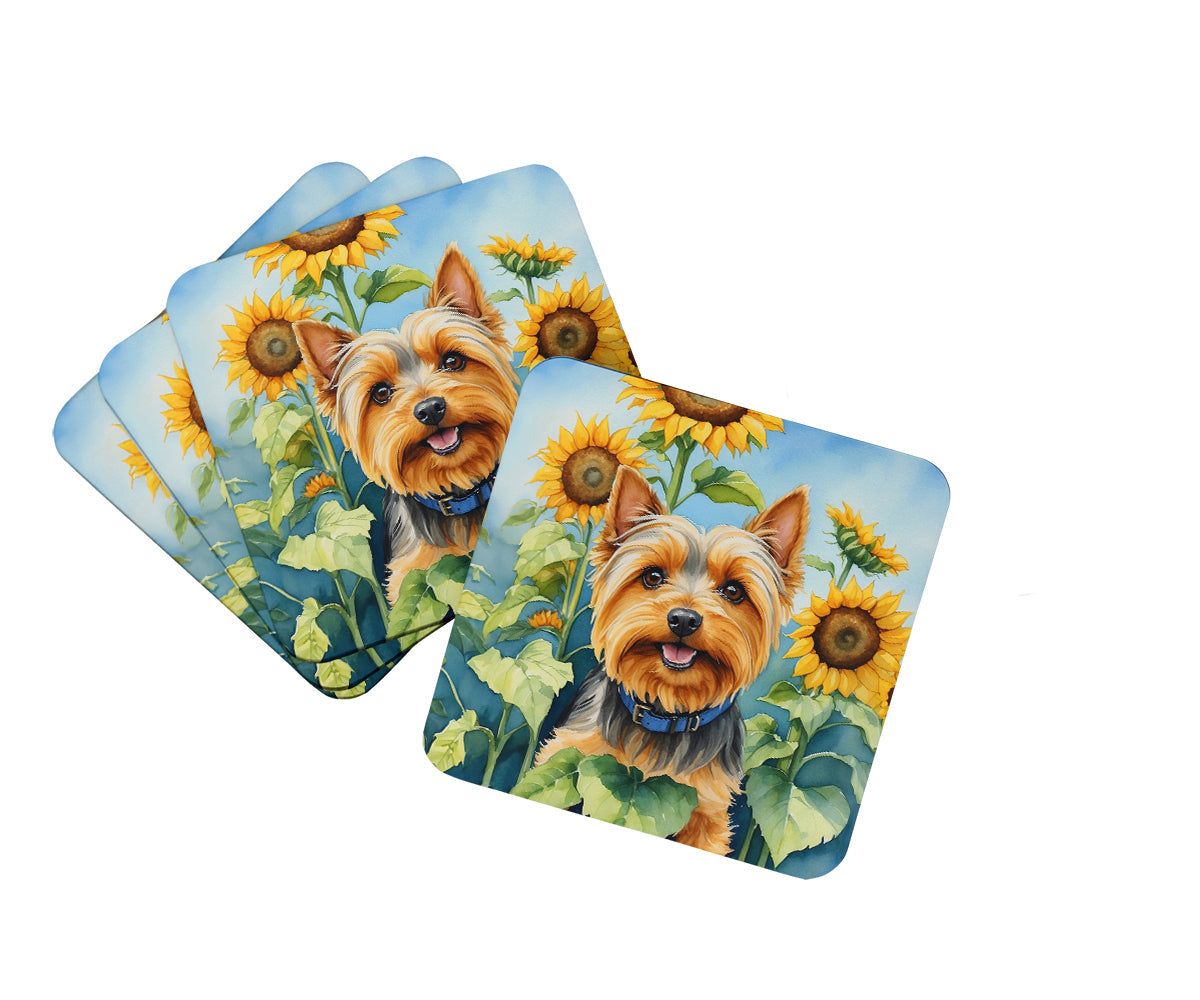 Silky Terrier in Sunflowers Foam Coasters Set of 4 Cup Coasters for Indoor Outdoor, Tabletop Protection, Anti Slip, Mouse pad Material