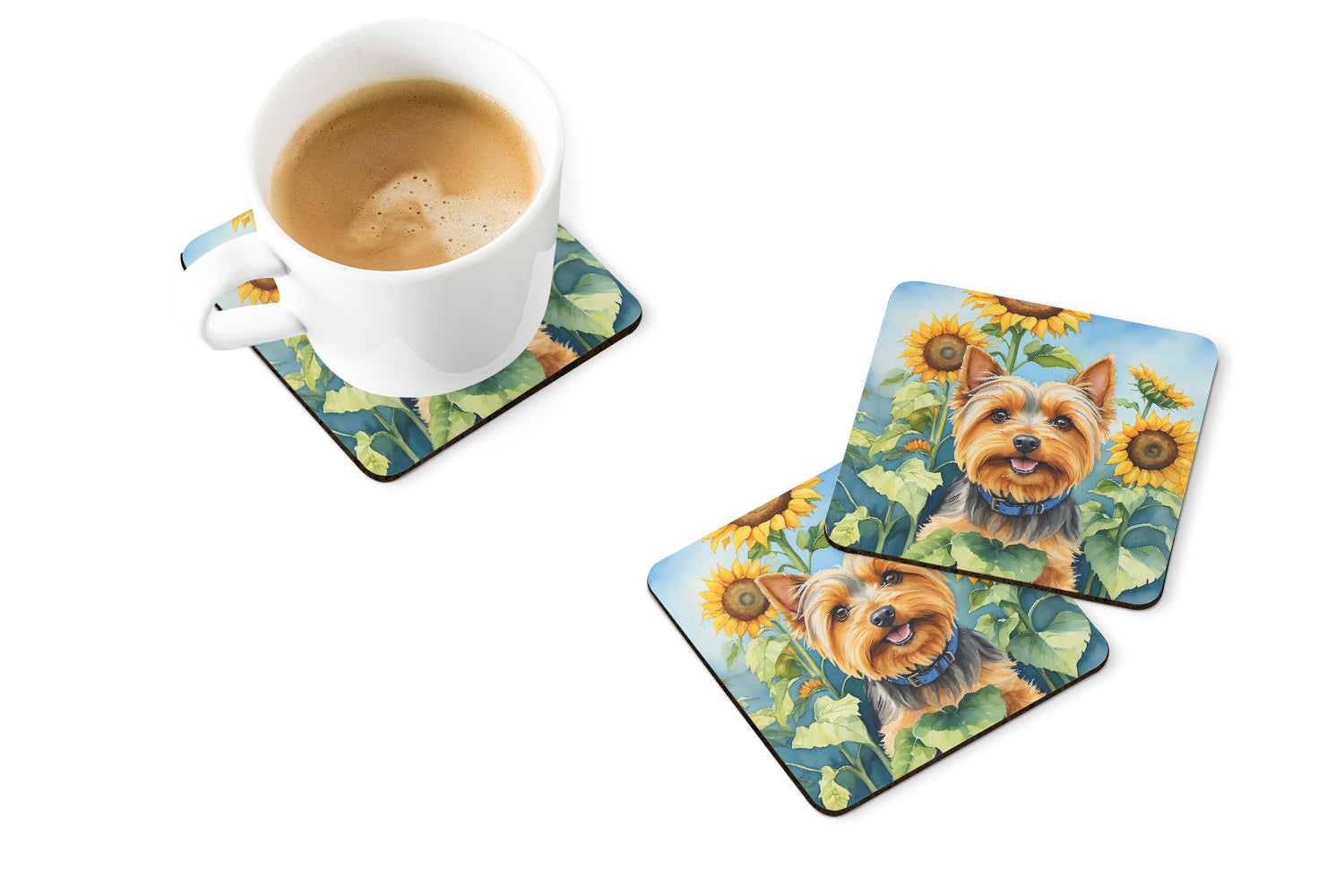 Silky Terrier in Sunflowers Foam Coasters Set of 4 Cup Coasters for Indoor Outdoor, Tabletop Protection, Anti Slip, Mouse pad Material