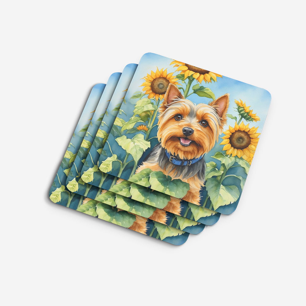 Silky Terrier in Sunflowers Foam Coasters Set of 4 Cup Coasters for Indoor Outdoor, Tabletop Protection, Anti Slip, Mouse pad Material