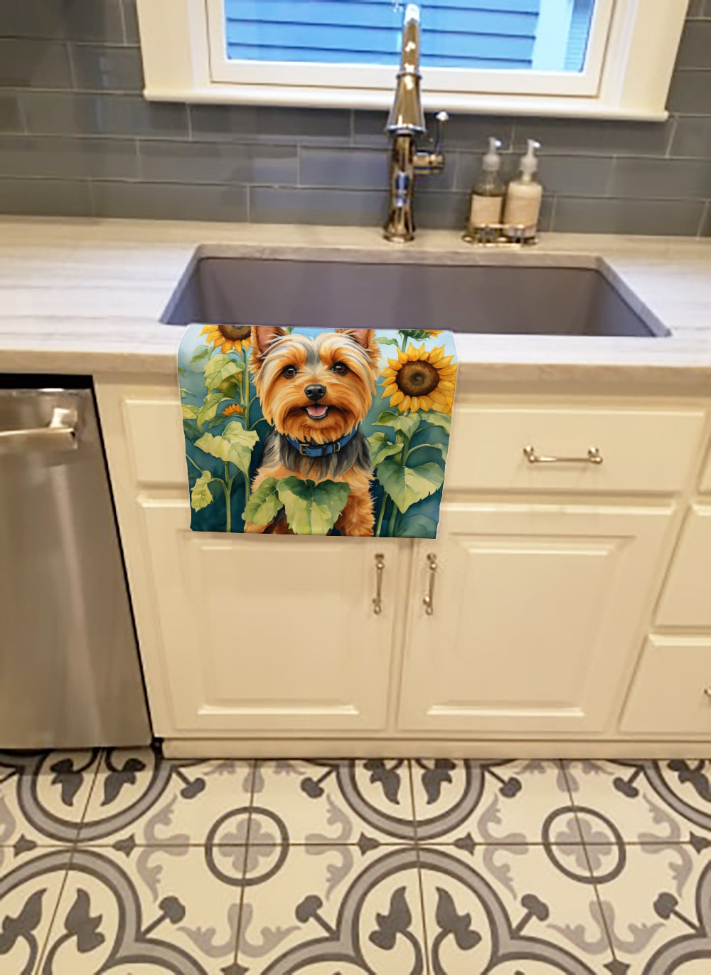 Silky Terrier in Sunflowers Kitchen Towel Velour Plush Front and Cotton Loop Back Machine Washable