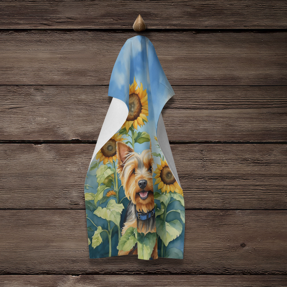 Silky Terrier in Sunflowers Kitchen Towel Velour Plush Front and Cotton Loop Back Machine Washable