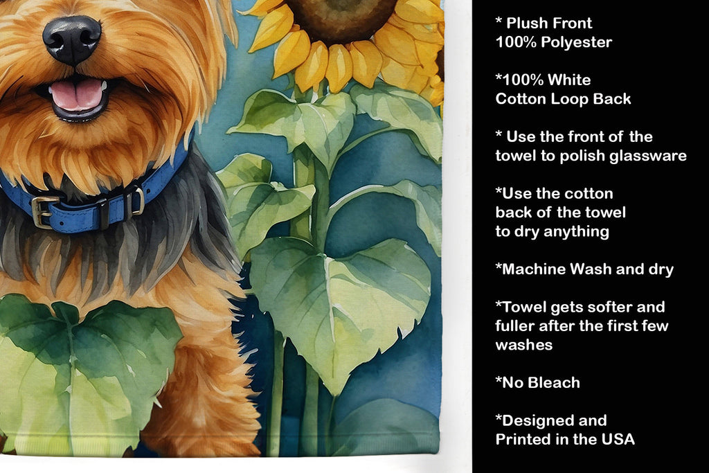 Silky Terrier in Sunflowers Kitchen Towel Velour Plush Front and Cotton Loop Back Machine Washable