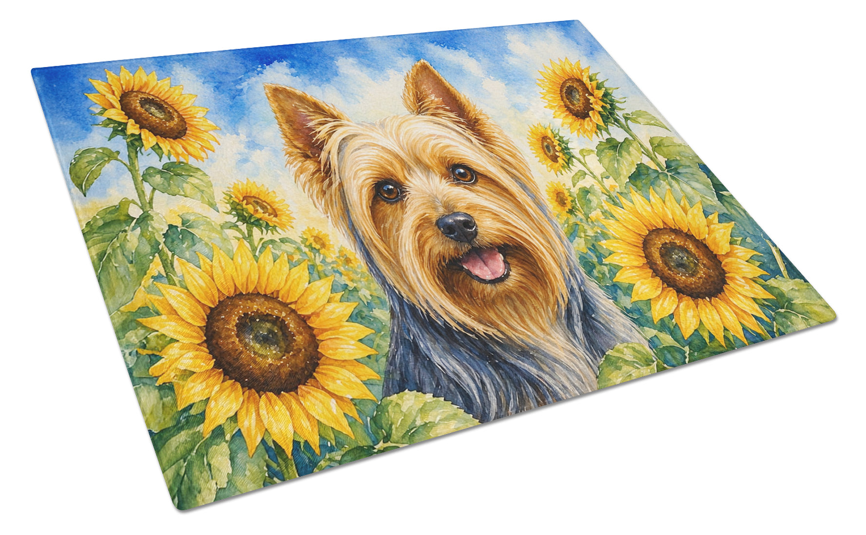 Silky Terrier in Sunflowers Cutting Board Tempered Glass Kitchen Cutting Surface, Heat Resistant Chopping Board with Non-Slip Feet, Decorative Food Prep & Serving
