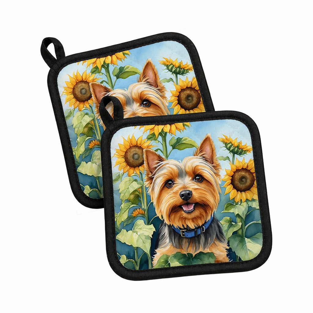 Silky Terrier in Sunflowers Pot Holder Set of 2 Heat Resistant Quilted Hot Pads 7.5 x 7.5 Inch, Insulated Kitchen Trivets for Cooking & Baking