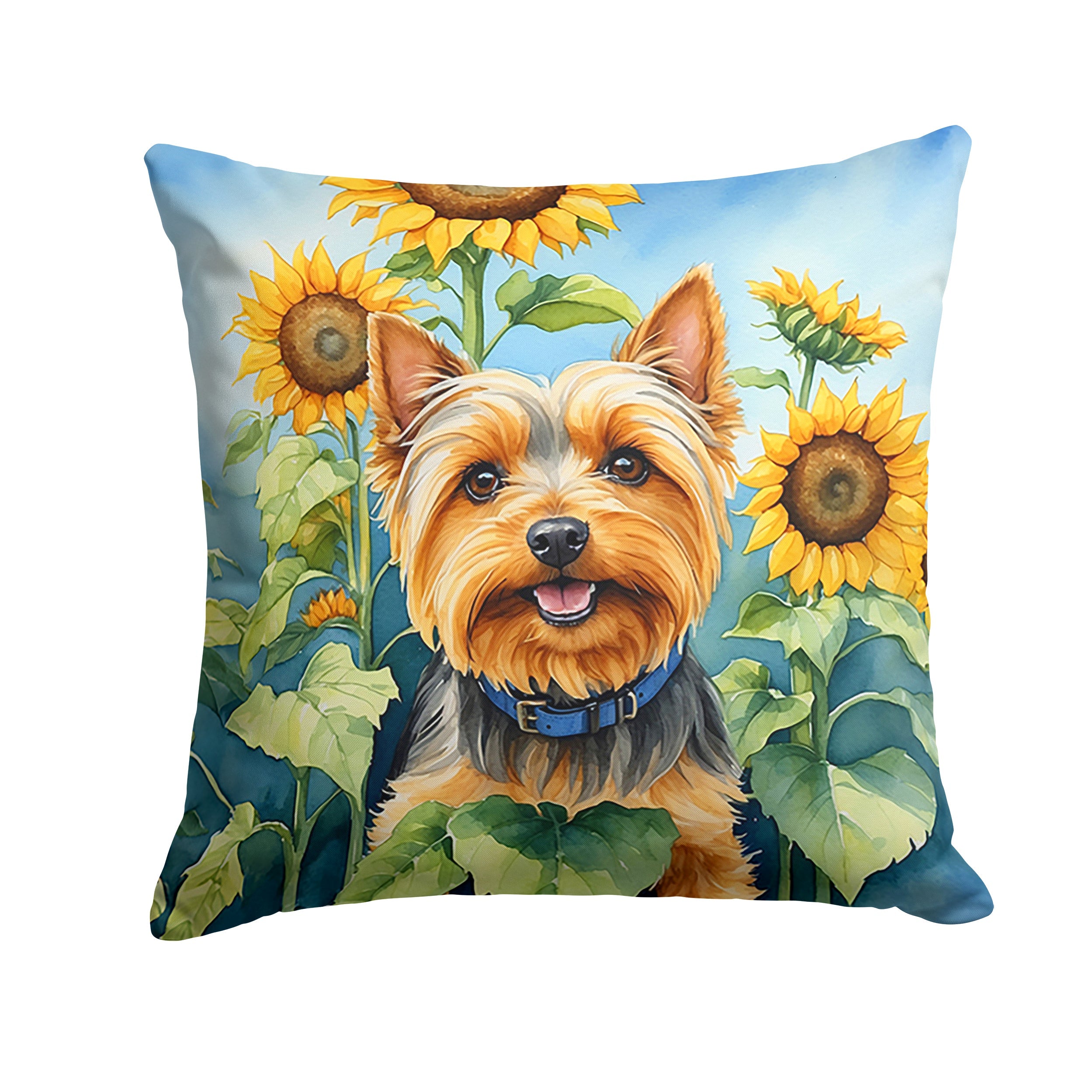 Silky Terrier in Sunflowers Decorative Throw Pillow 14x14 Indoor Outdoor Accent Cushion, Fabric Cover with Insert for Sofa, Bed, Porch & Living Room
