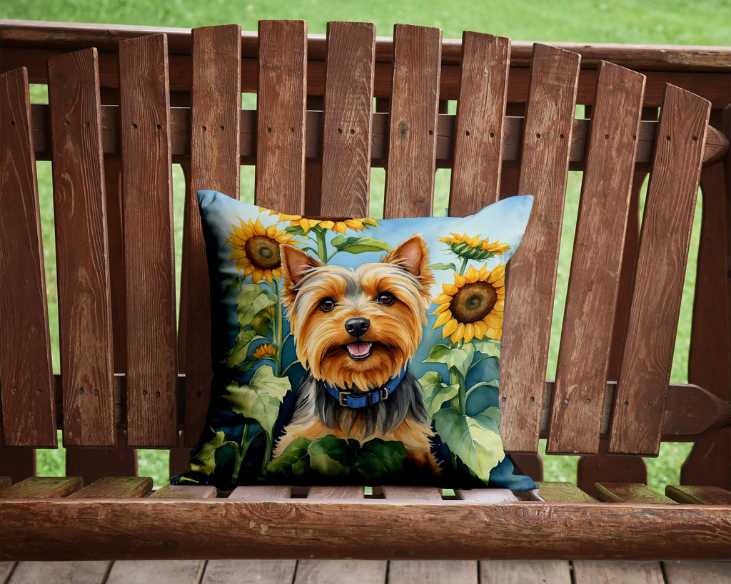 Silky Terrier in Sunflowers Decorative Throw Pillow 14x14 Indoor Outdoor Accent Cushion, Fabric Cover with Insert for Sofa, Bed, Porch & Living Room