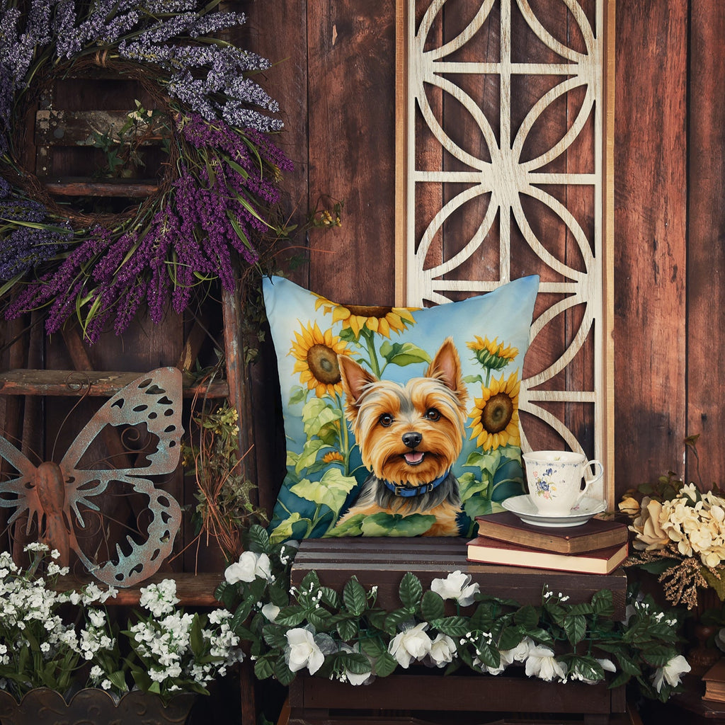 Silky Terrier in Sunflowers Decorative Throw Pillow 14x14 Indoor Outdoor Accent Cushion, Fabric Cover with Insert for Sofa, Bed, Porch & Living Room