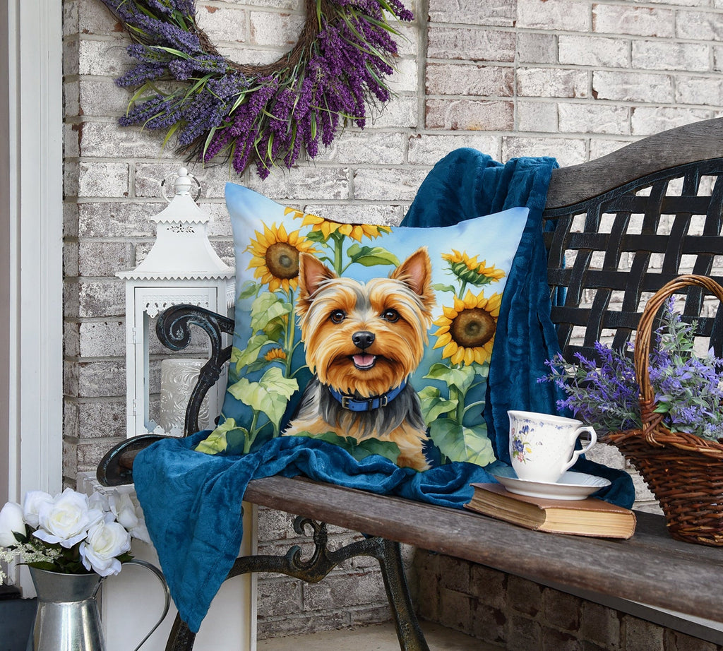 Silky Terrier in Sunflowers Decorative Throw Pillow 18x18 Indoor Outdoor Accent Cushion, Fabric Cover with Insert for Sofa, Bed, Porch & Living Room
